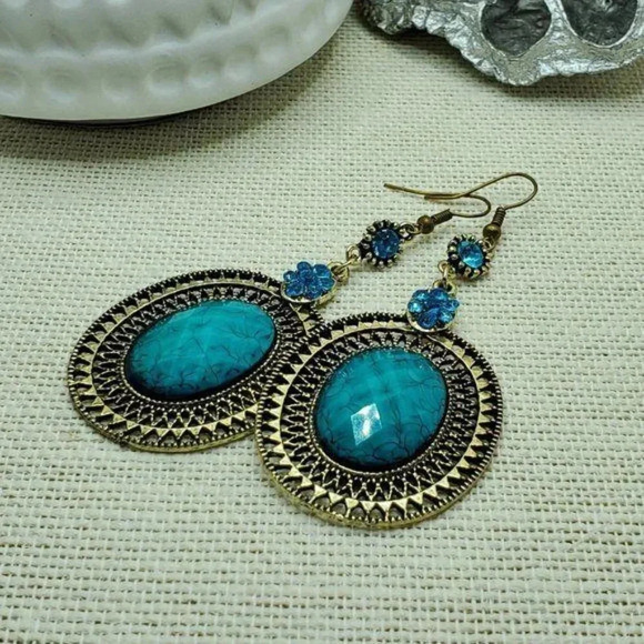 Bold Antiqued Swirl Gem Earrings Turquoise Bronze - Picture 1 of 6
